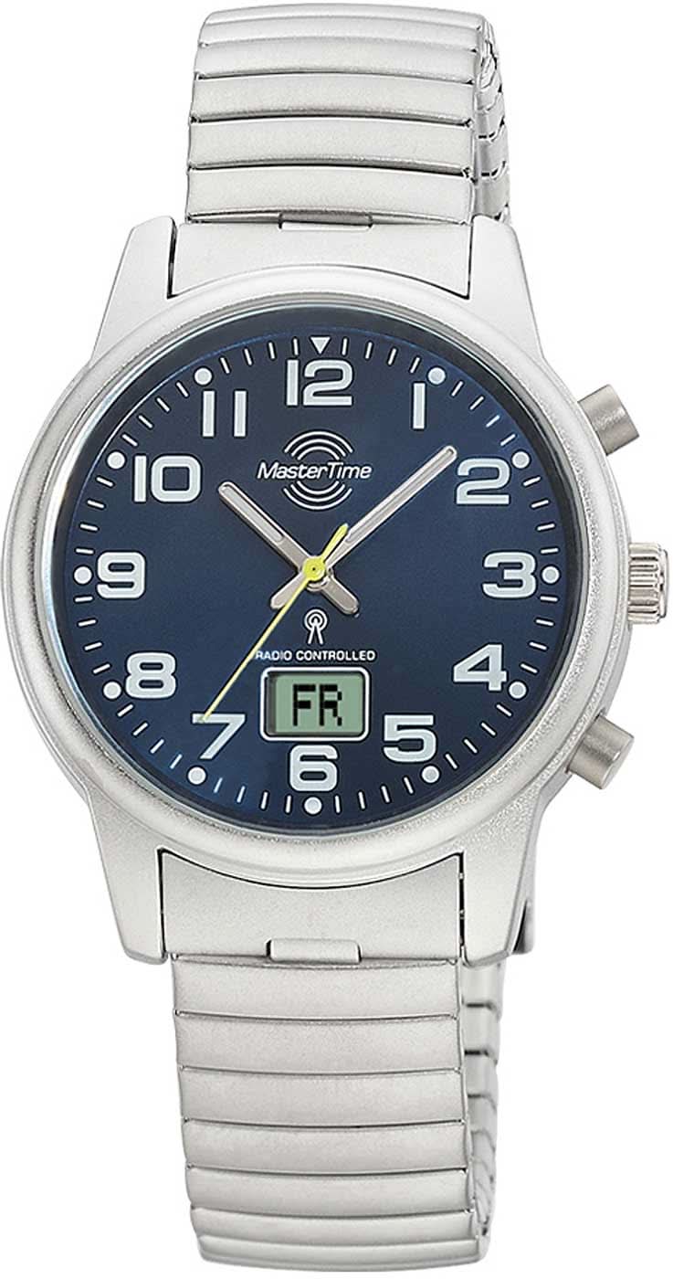Reloj de mujer con esfera azul y pulsera de metal plateado, visualización analógica de la hora