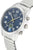 "Reloj de mujer con esfera azul, caja plateada y tres botones laterales"