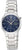 Reloj de pulsera plateado con esfera azul y correa de metal, con visualización de fecha