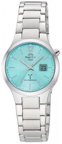 "Reloj de mujer con esfera turquesa y correa de acero inoxidable, manecillas analógicas"