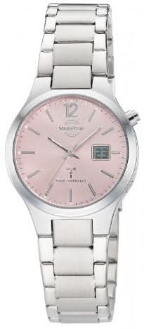 Reloj de mujer de acero inoxidable con esfera rosa, agujas analógicas y campo digital