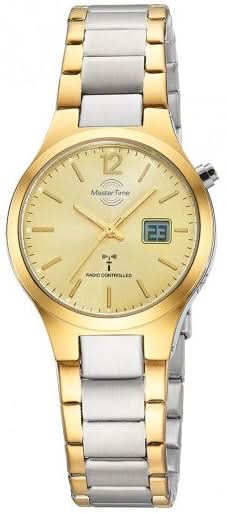Reloj de mujer con brazalete metálico bicolor, esfera dorada y pantalla digital