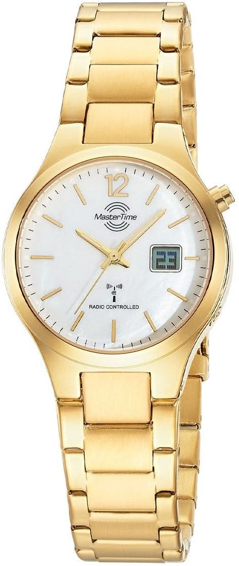 "Reloj de mujer con correa de metal dorado, esfera blanca y elemento LCD a las 3"