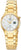 "Reloj de mujer con correa de metal dorado, esfera blanca y elemento LCD a las 3"