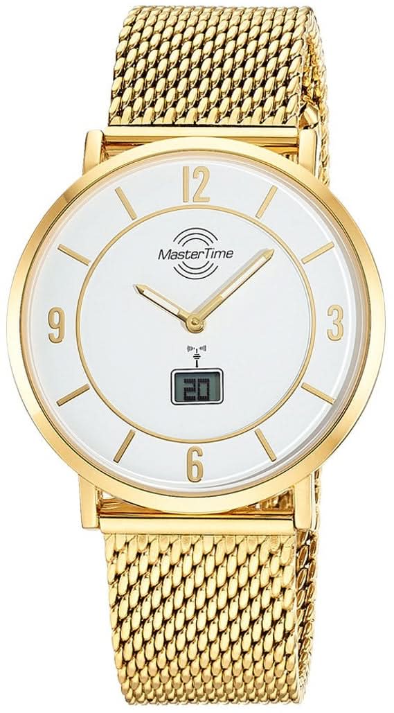 Reloj dorado para hombre con correa de malla y esfera blanca, manecillas analógicas