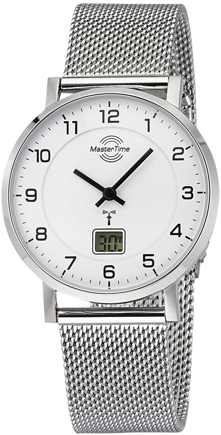 "Reloj de mujer Master Time con correa de malla plateada y esfera redonda, manecillas negras, pantalla."