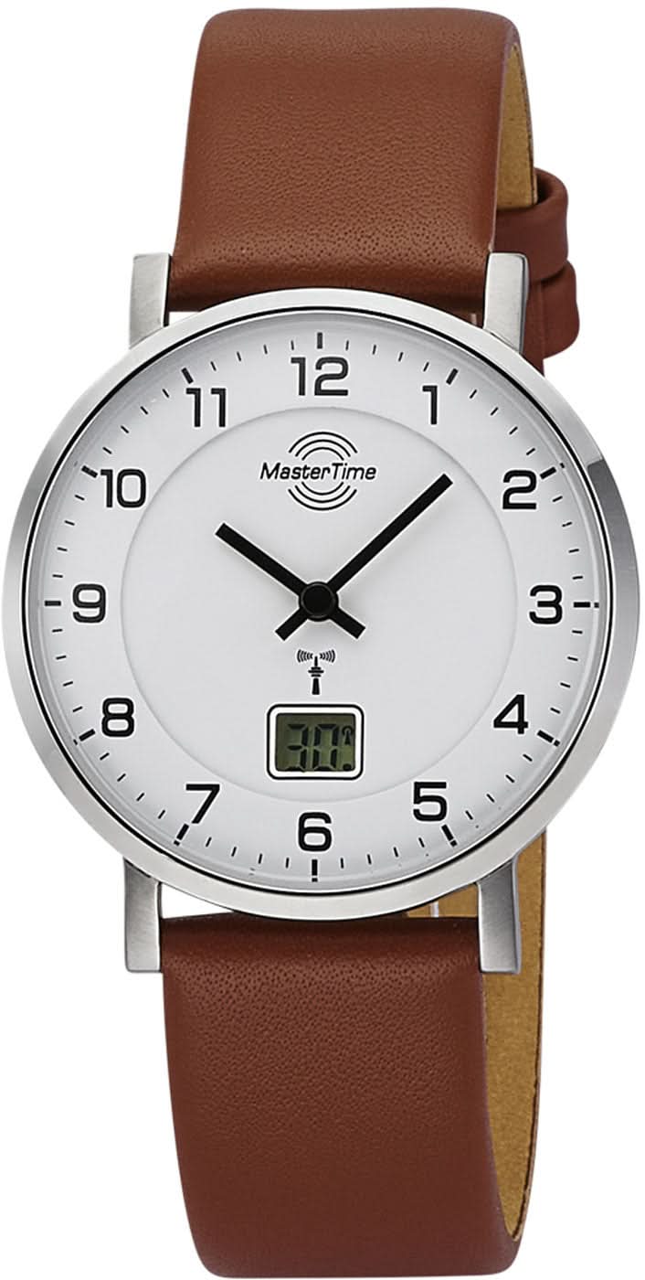 Reloj digital de mujer en color marrón con correa de cuero, caja redonda plateada y visualización de fecha
