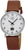 Reloj digital de mujer en color marrón con correa de cuero, caja redonda plateada y visualización de fecha