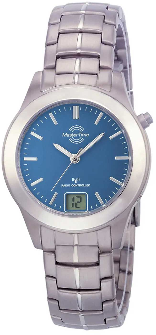 Reloj de mujer con esfera azul y correa de metal, caja redonda de titanio