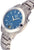 "Reloj de mujer con caja redonda de titanio, esfera azul, pantalla digital y correa de metal"