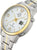 "Reloj de mujer con esfera redonda blanca, detalles dorados y pantalla de radio"