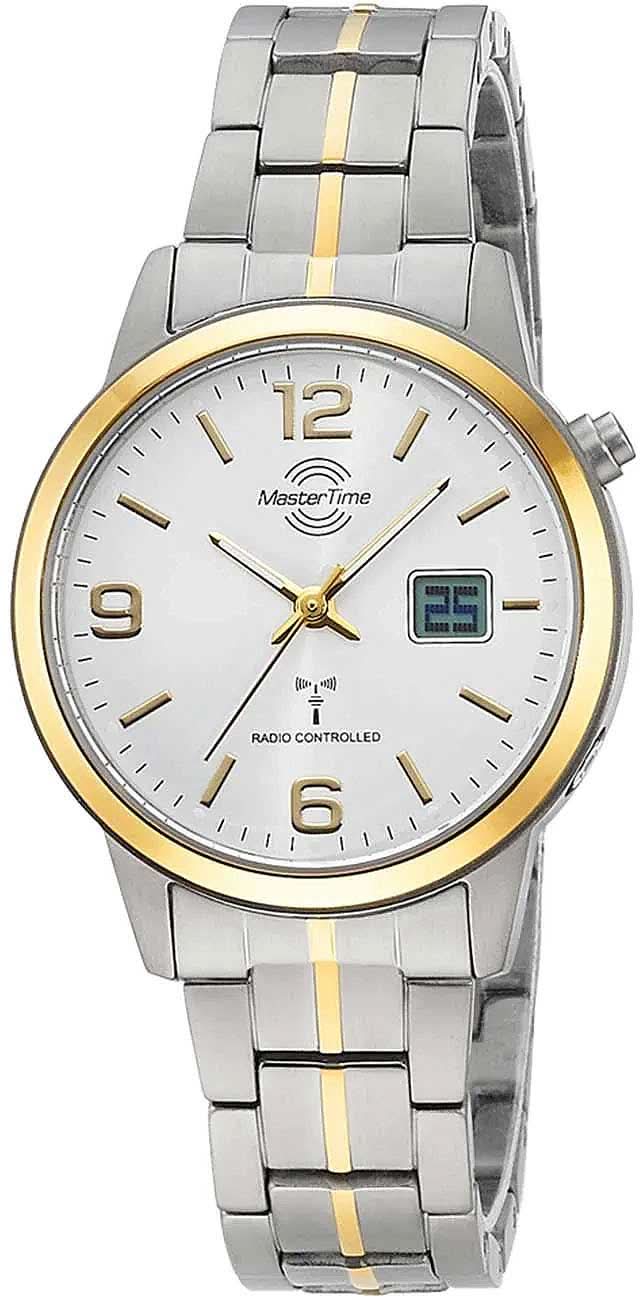 "Reloj de mujer con pulsera bicolor de titanio, esfera blanca y pantalla digital a las 6"