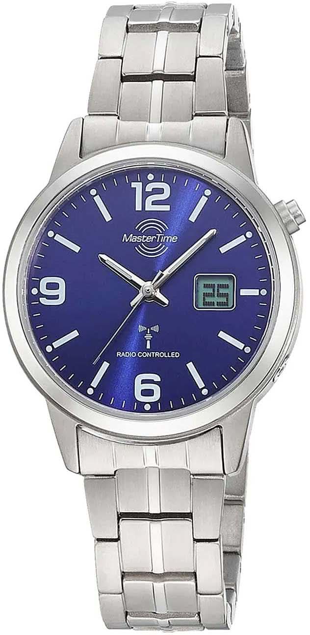 "Reloj de mujer con esfera azul, manecillas analógicas y ventana de fecha, brazalete de titanio"