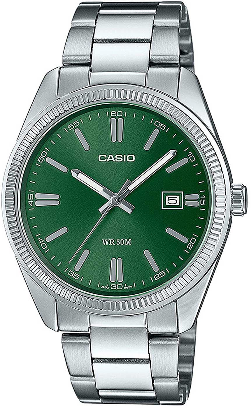 Casio Reloj para hombre con esfera verde, correa de acero, visualización de fecha y cronógrafo