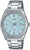 Reloj Casio para hombre con correa de metal plateada, esfera turquesa, fecha a las 3 en punto.