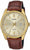 Reloj Casio para hombre con bisel dorado, esfera beige y correa de cuero marrón con fecha