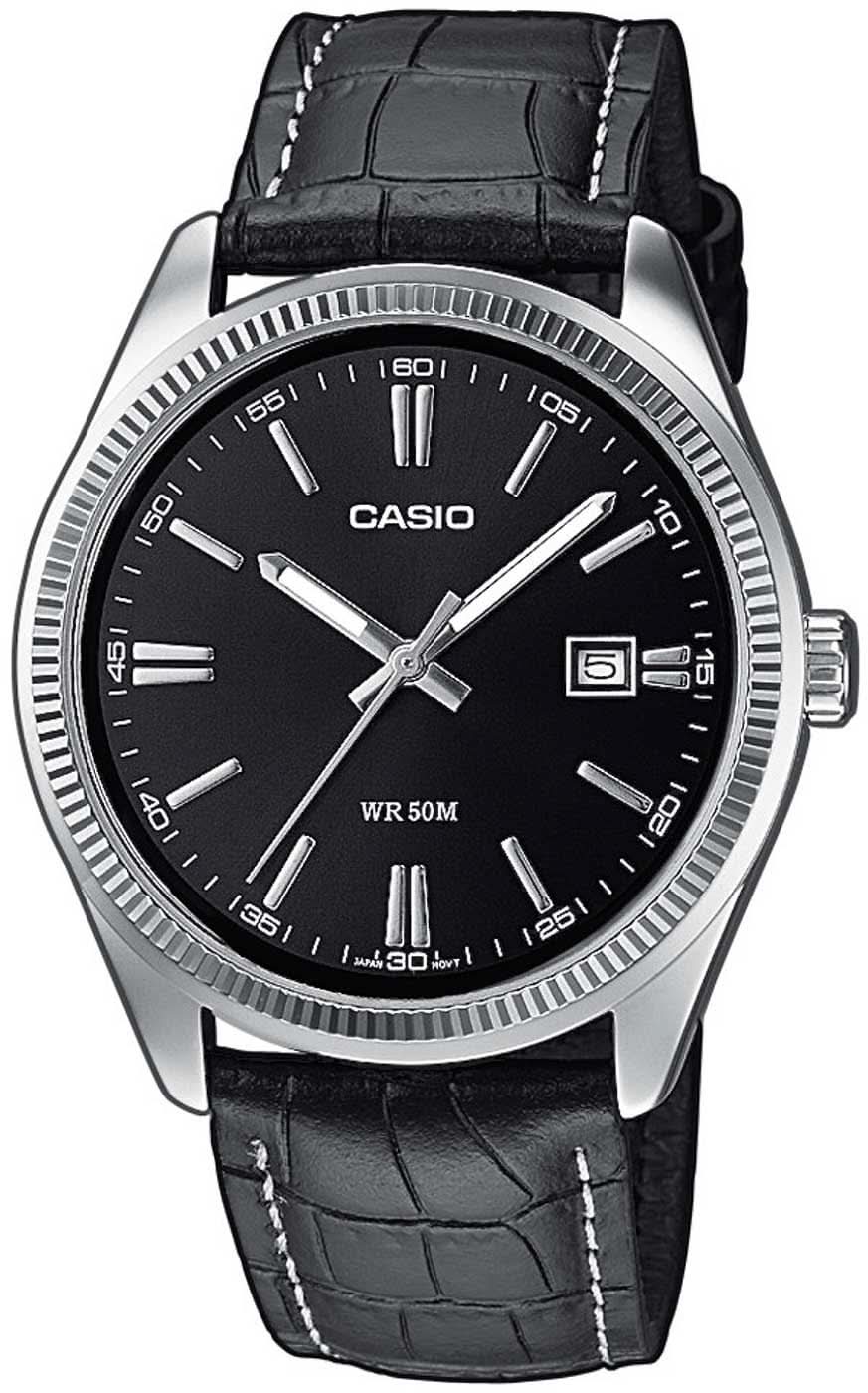 Reloj Casio para hombre con correa de cuero negra, esfera redonda negra y bisel plateado