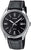 Reloj Casio para hombre con correa de cuero negra, esfera redonda negra y bisel plateado
