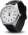 Reloj de hombre con correa de cuero negra, esfera blanca y visualización de fecha