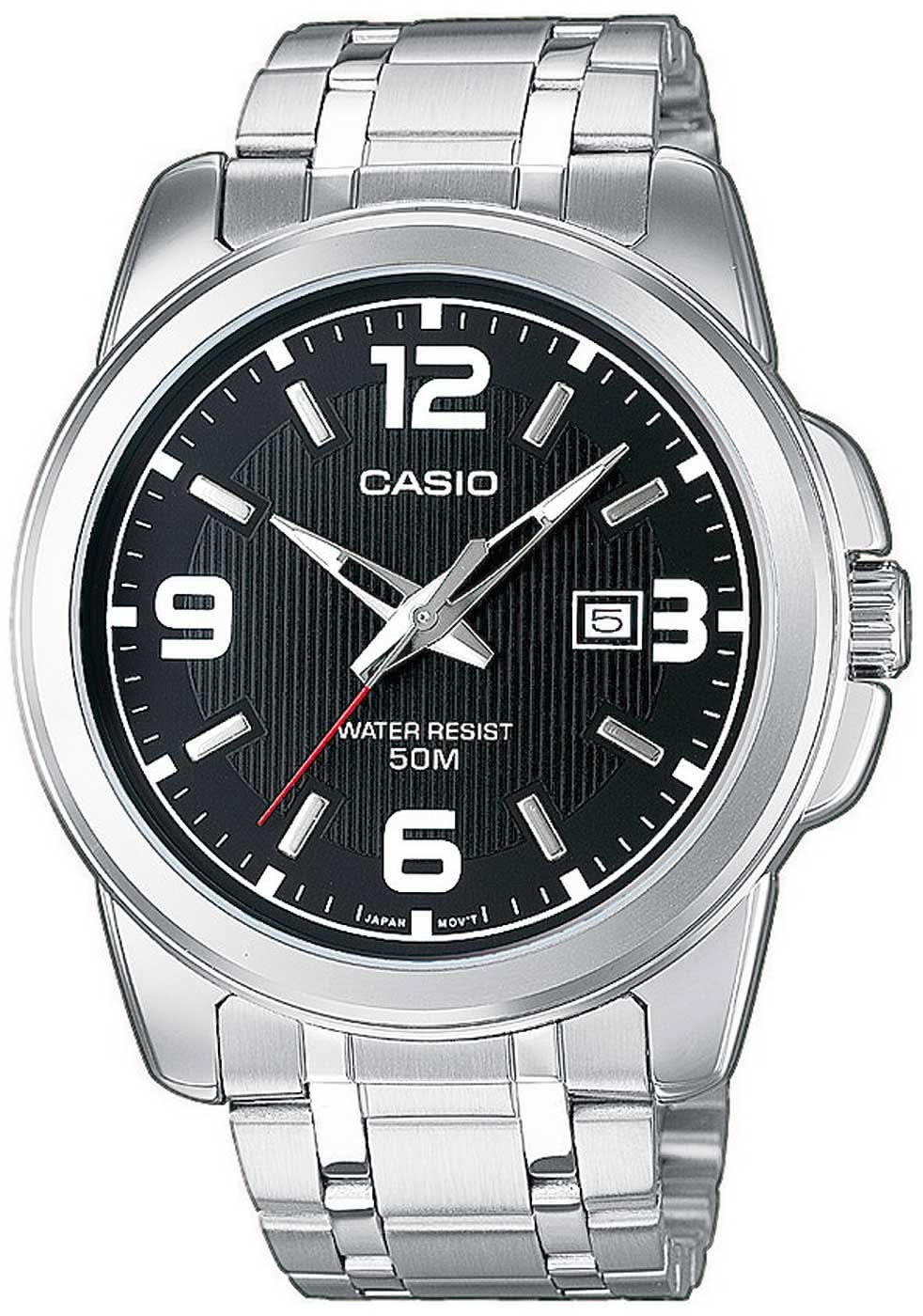 Reloj Casio para hombre: correa de acero inoxidable plateada, esfera negra, analógico, ventana de fecha, 50 m
