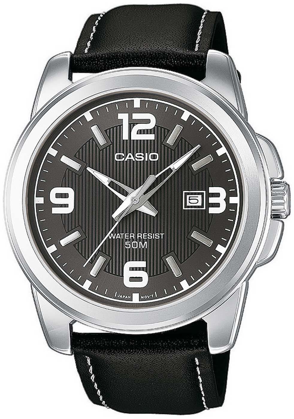 Reloj de pulsera para hombre Casio con correa de cuero negra, caja plateada y esfera negra