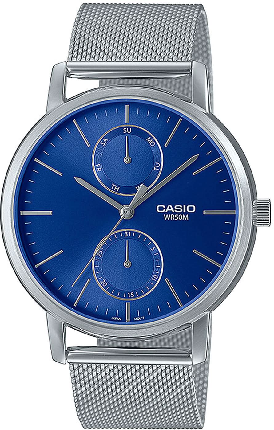 Reloj de hombre con correa de malla metálica plateada y esfera redonda azul