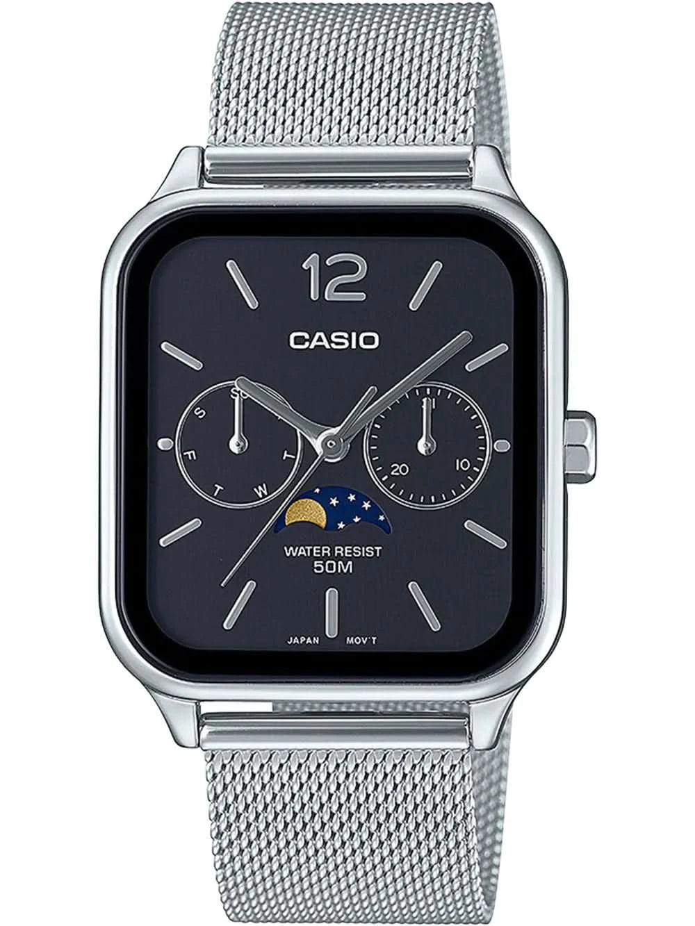 Reloj de hombre con correa de malla de acero inoxidable, esfera oscura y visualización de fases lunares, CASIO