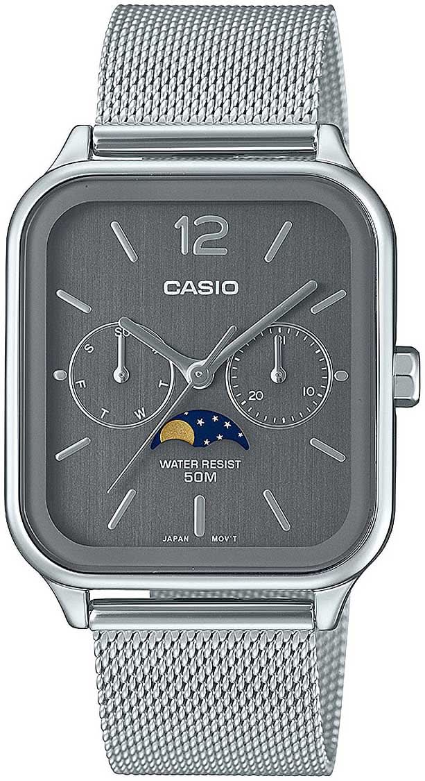 Reloj de hombre con esfera oscura, indicador de fases lunares y pulsera de malla plateada