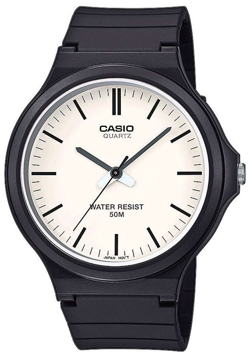 Casio Reloj de cuarzo para hombre con correa de silicona negra, caja redonda y esfera blanca