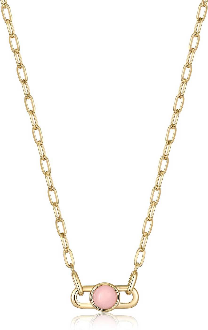 Collar con colgante: cadena de eslabones dorados y piedra en forma de gota rosa