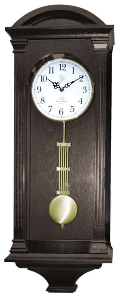 Reloj de pared de madera marrón oscuro con esfera redonda y péndulo oscilante