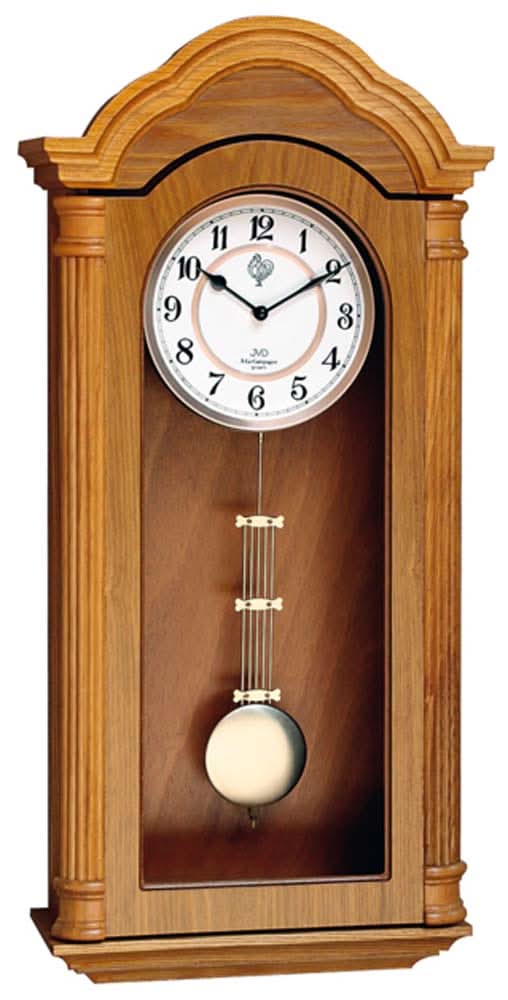 Reloj de pared de madera con esfera redonda y péndulo oscilante en la caja