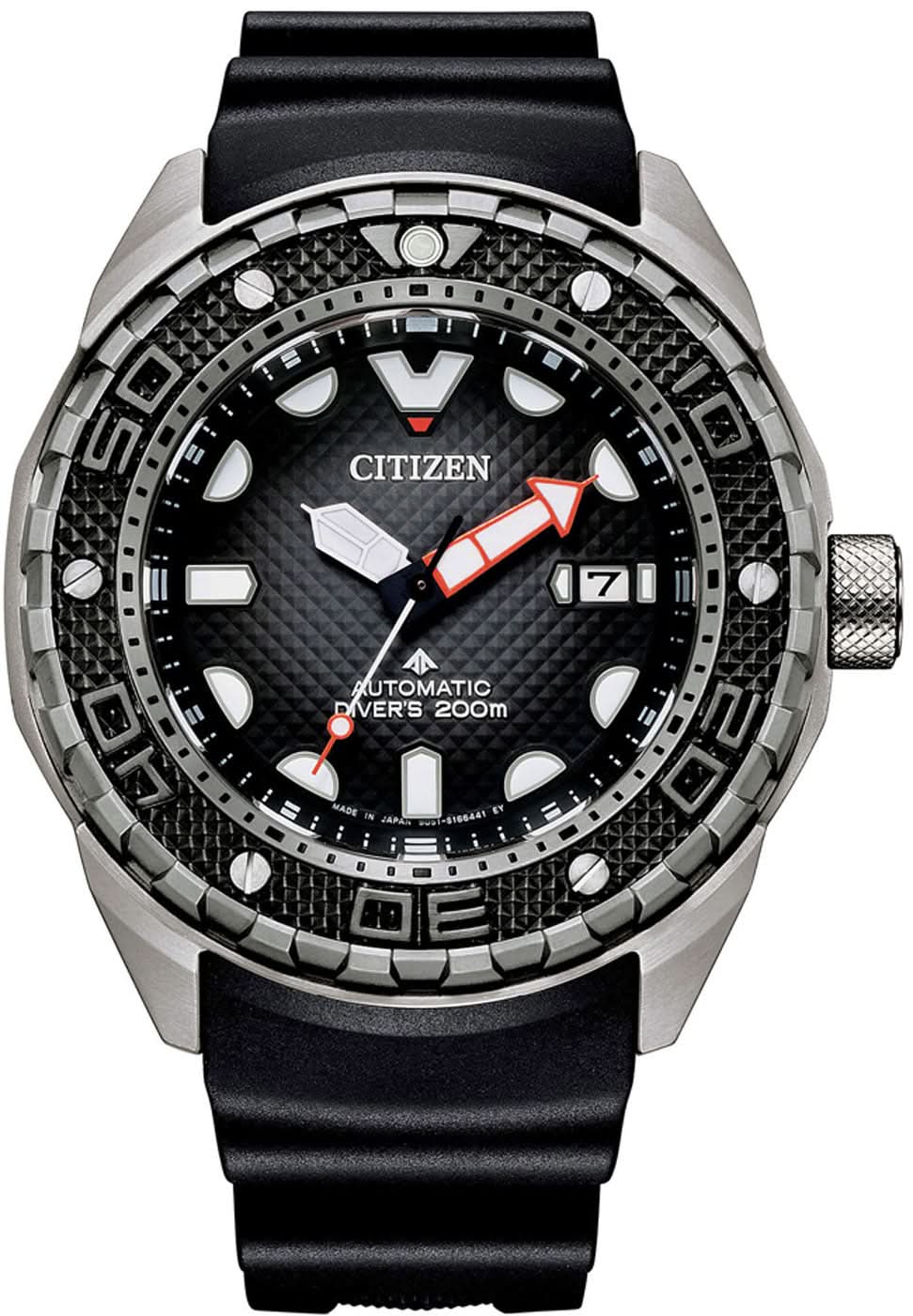 Pulsera de hombre con esfera negra, caja de acero inoxidable y correa de caucho negra.