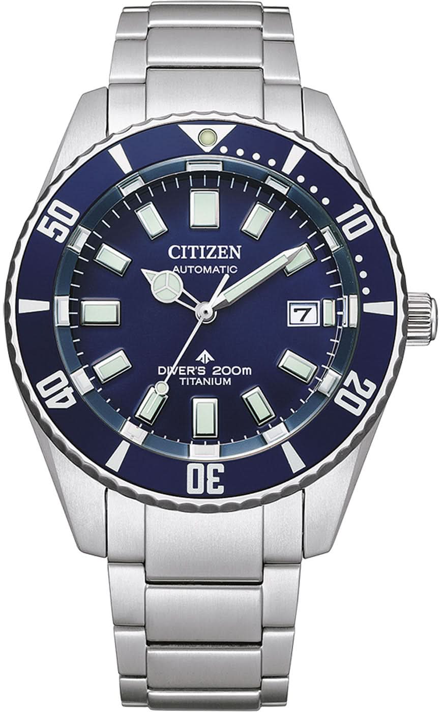 Reloj de buceo con esfera azul, ventana de fecha y correa de metal