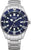 Reloj de buceo con esfera azul, ventana de fecha y correa de metal