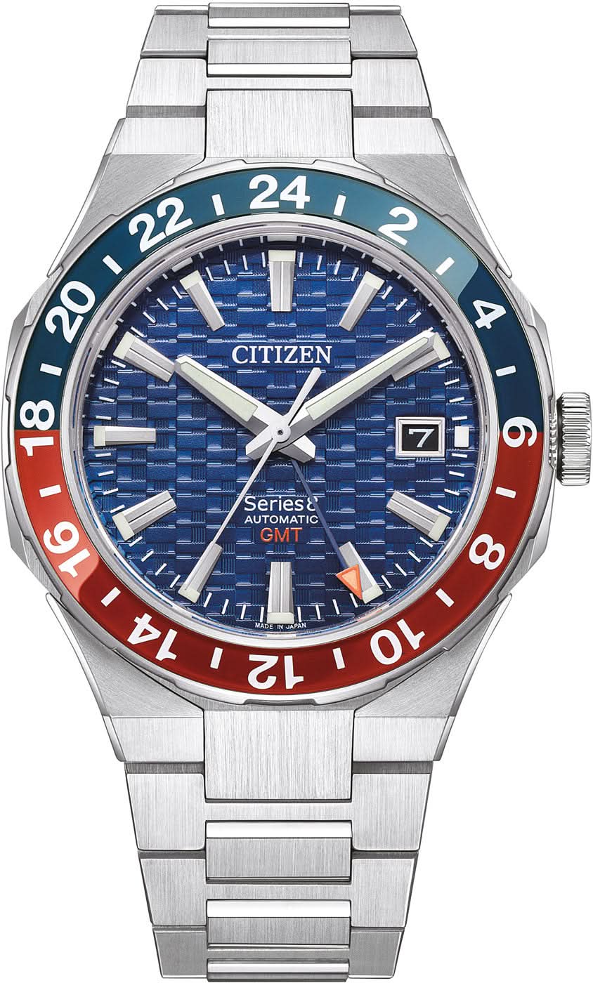 Pulsera de acero inoxidable para hombre con esfera azul y bisel GMT bicolor rojo/azul, números visibles