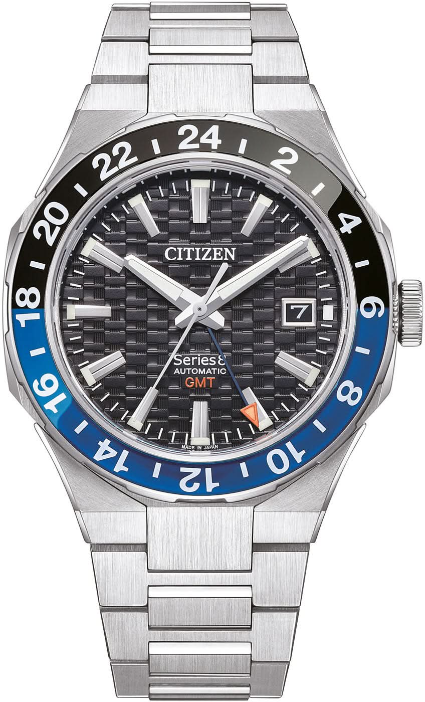 Reloj para hombre con esfera negra, bisel GMT azul y correa de acero inoxidable plateado