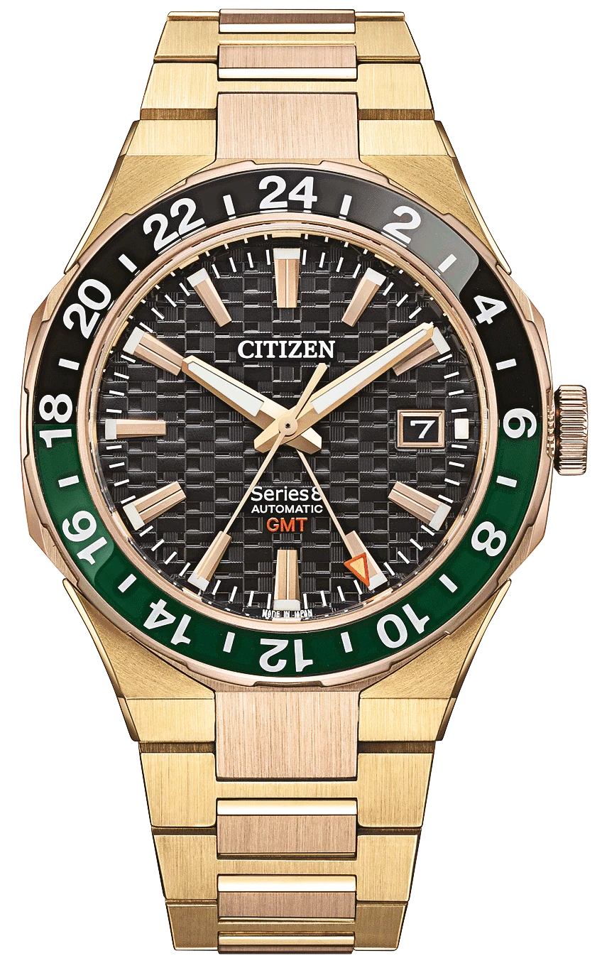 Reloj de hombre con caja dorada, esfera negra y bisel GMT verde