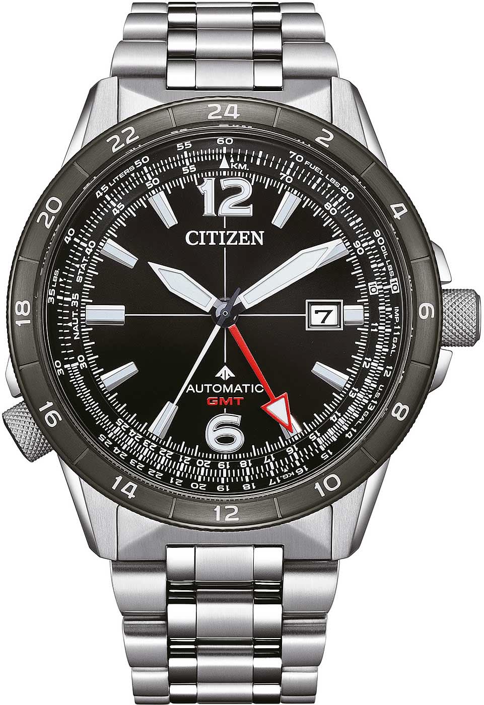 Reloj de pulsera para hombre con esfera negra, automático GMT y correa de acero, fecha 7