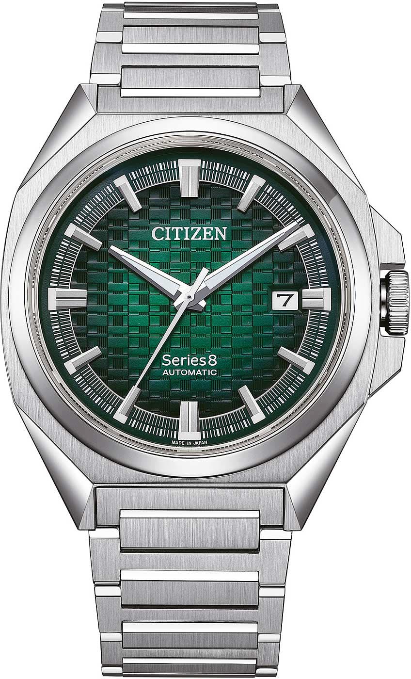 Reloj de hombre con correa de acero inoxidable plateado y esfera verde, pantalla automática