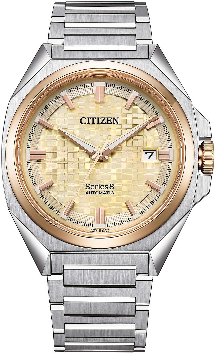 Pulsera de hombre con correa de acero inoxidable plateado y esfera beige, ventana de fecha a las 7