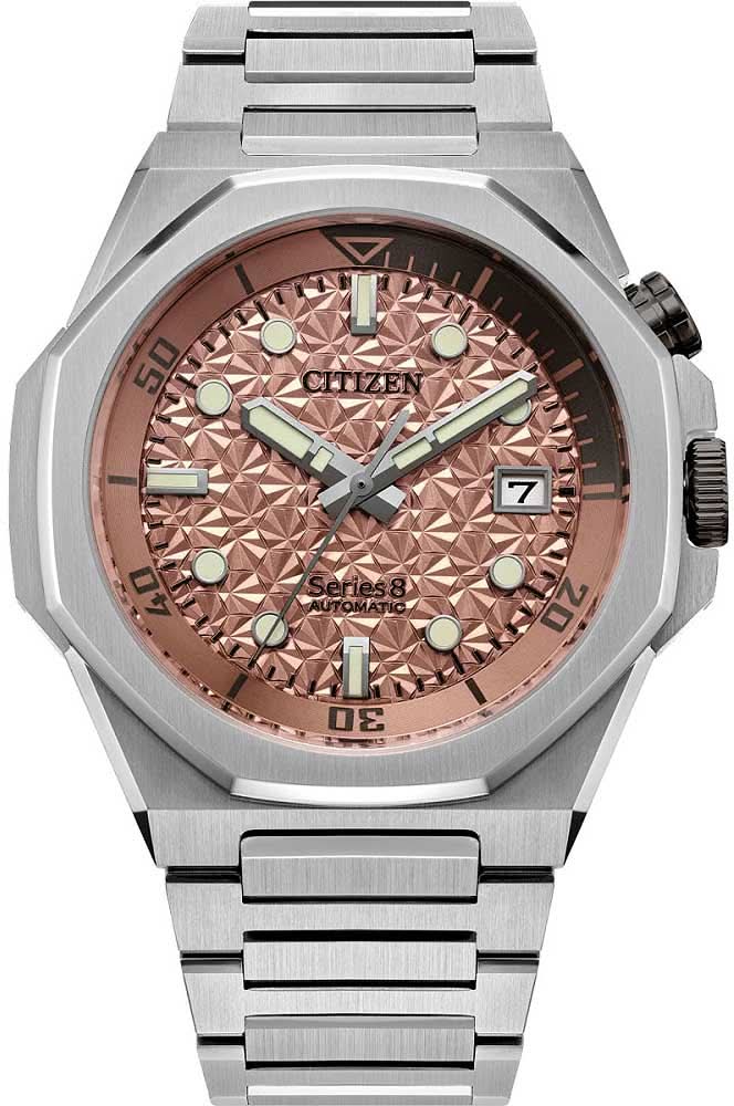 Pulsera de hombre, correa de acero inoxidable plateado, esfera en tono oro rosa con fecha