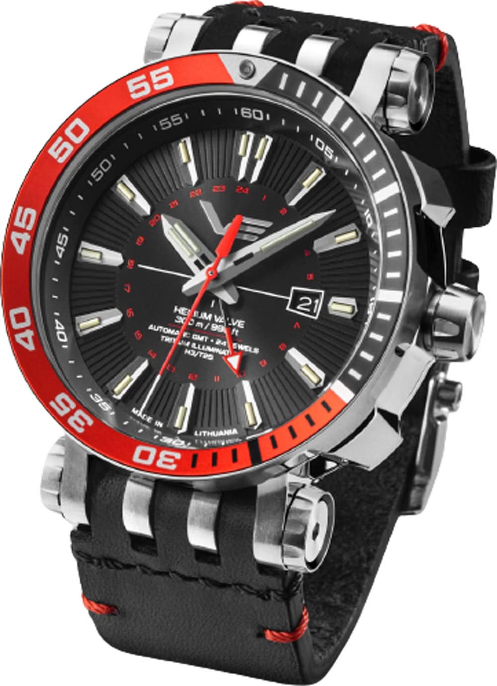 Pulsera de hombre con esfera negra, bisel rojo y correa de cuero negra