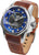 Pulsera de hombre con correa de cuero marrón, caja plateada y esfera azul.