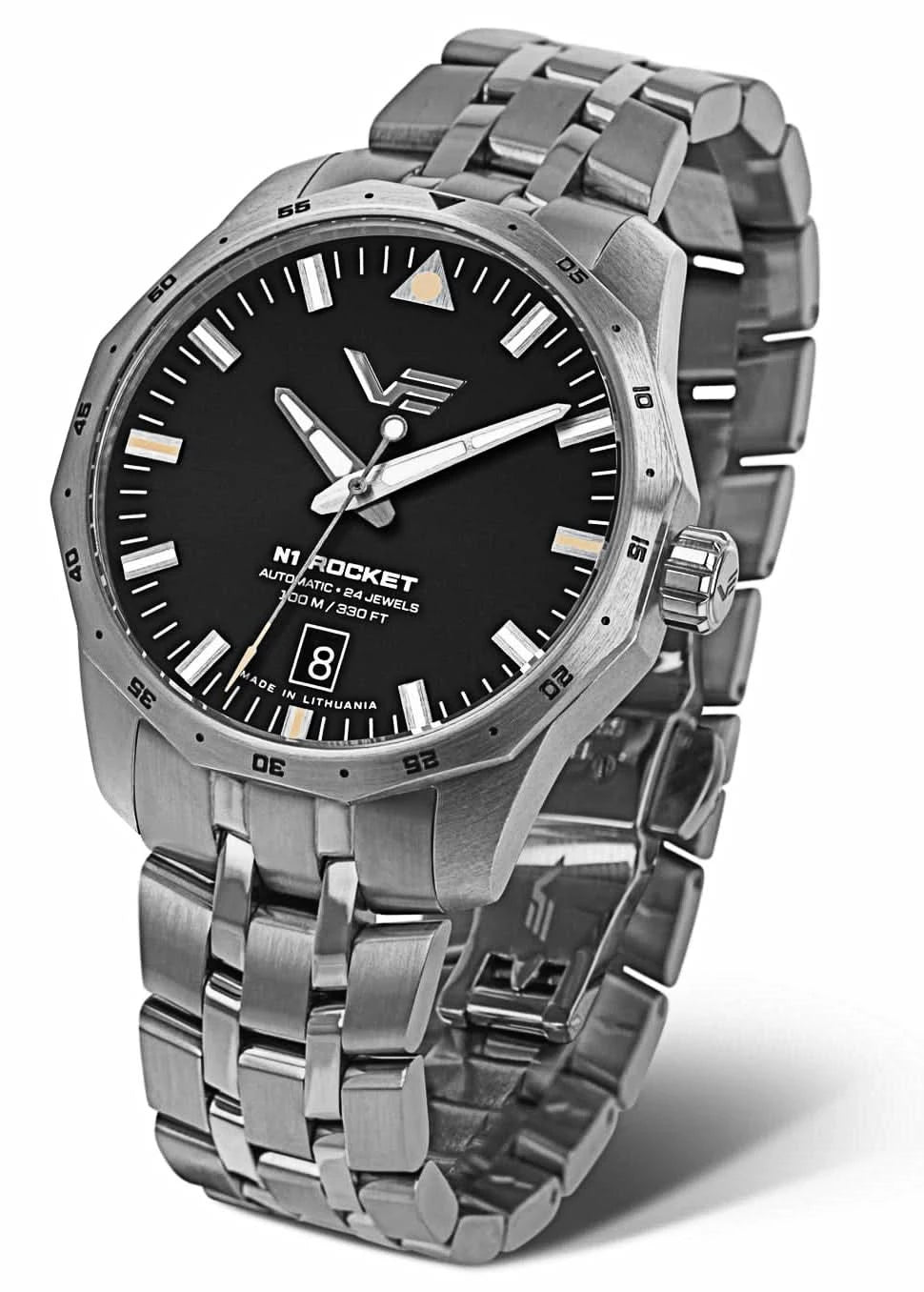 Reloj automático para hombre con esfera negra y correa de acero inoxidable, bisel negro