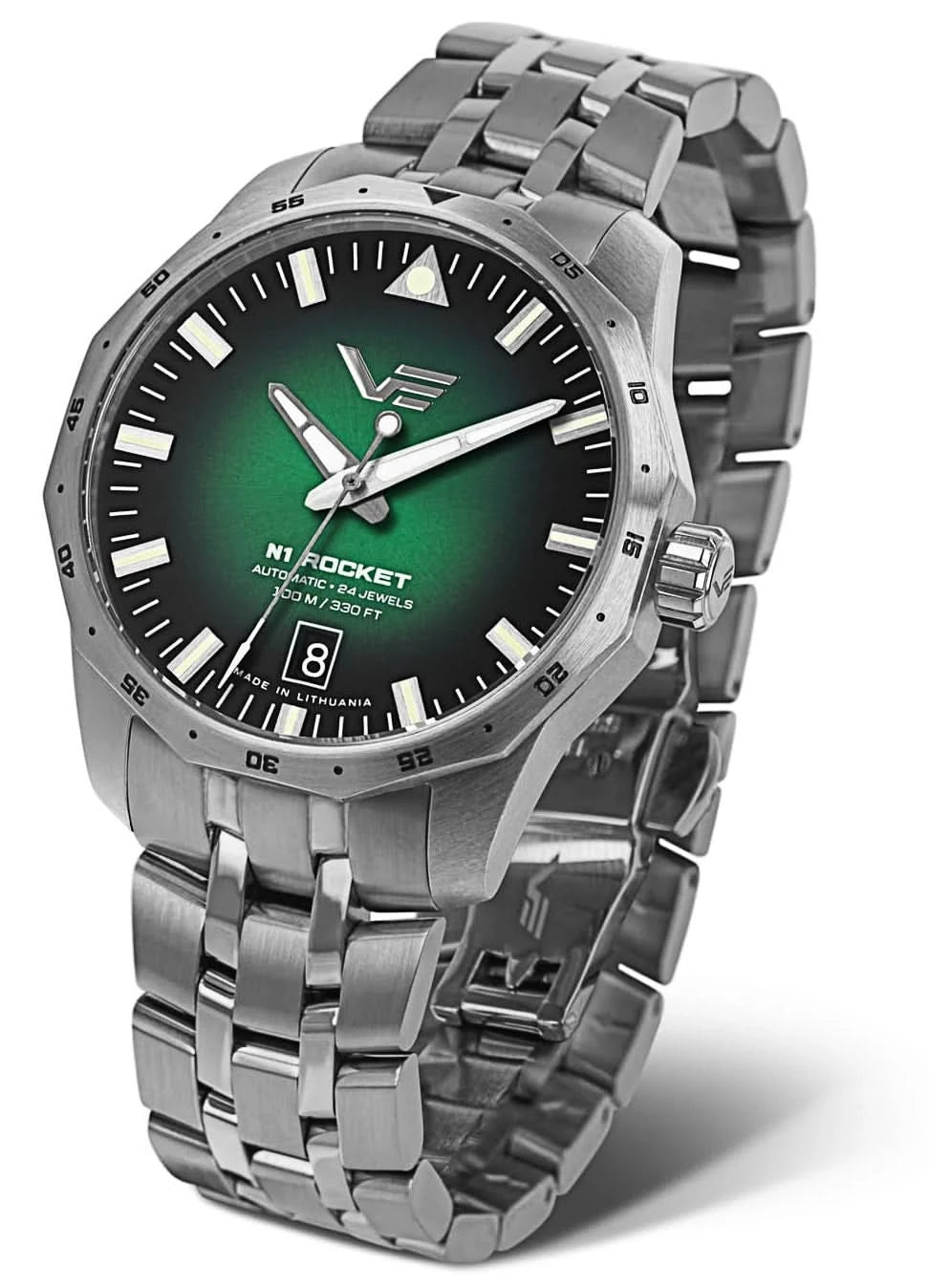 Pulsera de hombre con correa de metal y esfera verde, automática