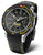 Reloj de hombre con esfera negra, bisel con detalles amarillos y correa negra perforada