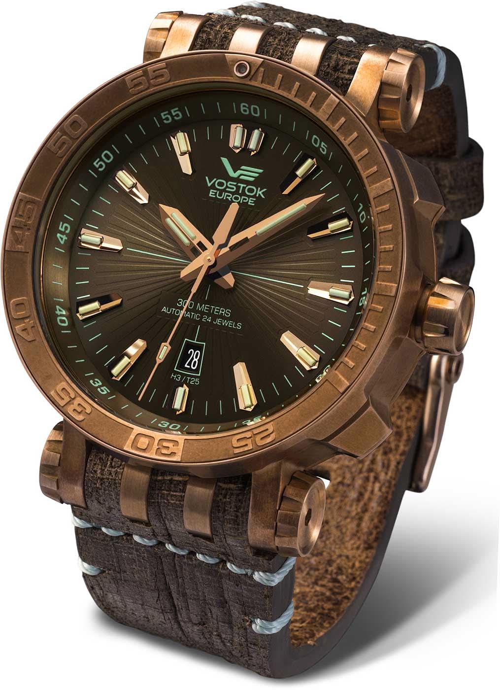 Reloj de hombre con caja color bronce, esfera marrón y correa de cuero