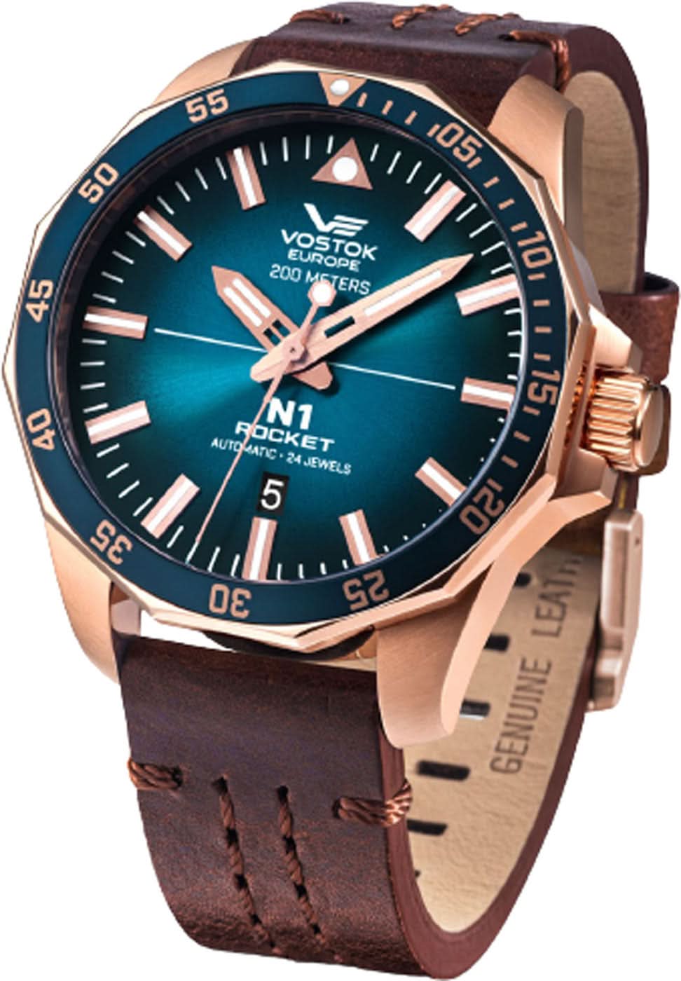 Reloj Vostok Europe para hombre con caja en oro rosa, esfera azul y correa de cuero marrón