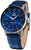 Reloj de hombre: esfera azul, manecillas rojas, correa de cocodrilo azul, caja de acero inoxidable
